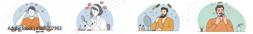Four-panel illustration of personal grooming routines with pastel backgrounds