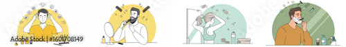 Four-panel illustration of a man and woman's grooming routine with grooming products and icons