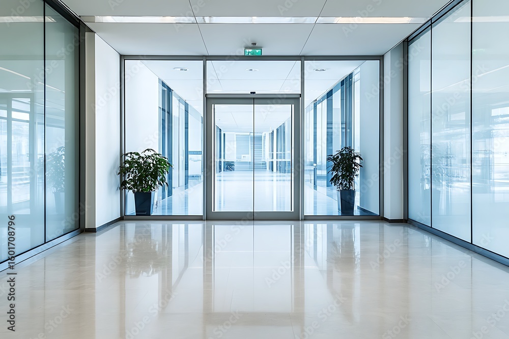 Fototapeta premium Modern office building interior with glass walls, automatic doors and shiny floor. Contemporary design
