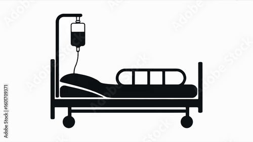 Black and white silhouette of a hospital bed with an iv drip stand medical equipment illustration