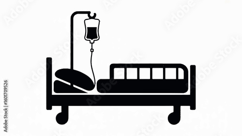 Black and white silhouette of a hospital bed with an iv drip stand