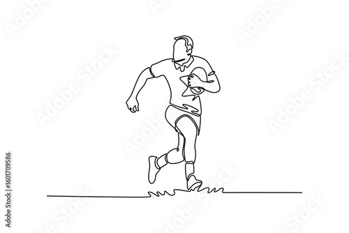 Single one line drawing male rugby player running in training session, wellness and fitness sports. Exercise, workout and professional career. Continuous line draw design graphic vector illustration