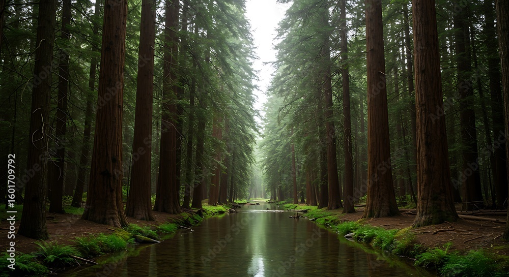 Obraz premium Forest Path Scenery with Tall Trees and Sunlight