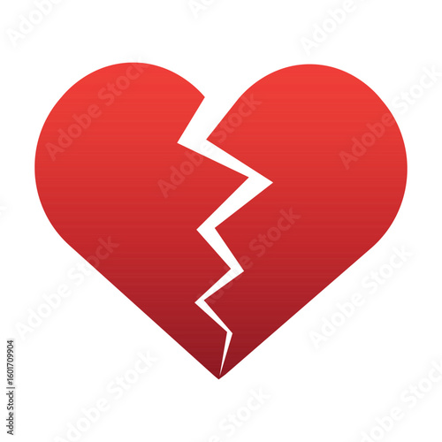Red Heart broken to two pieces vector illustration icon or logo, broken heart concept, breakup or divorce, heartbreak regret, separated couple, tragic love. Broken Red Heart Emoji.
