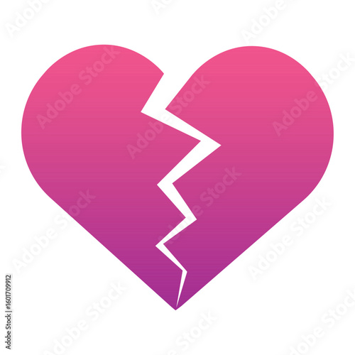 Pink Heart broken to two pieces vector illustration icon or logo, broken heart concept, breakup or divorce, heartbreak regret, separated couple, tragic love. Broken purple Heart Emoji.