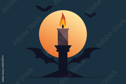 Glowing pumpkin candle on a windowsill with foggy night vector illustration