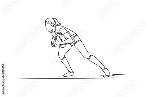 Single continuous line drawing female rugby player on field for match, practice, game in competition. Teamwork performance for winning ball to score. One line draw graphic design vector illustration