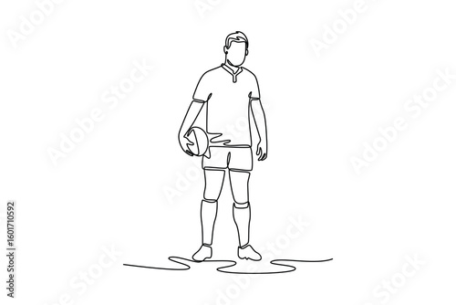 Single continuous line drawing concentrated male rugby player in uniform with ball standing on field. Sports, competition, motivation, game, championship. One line graphic design vector illustration