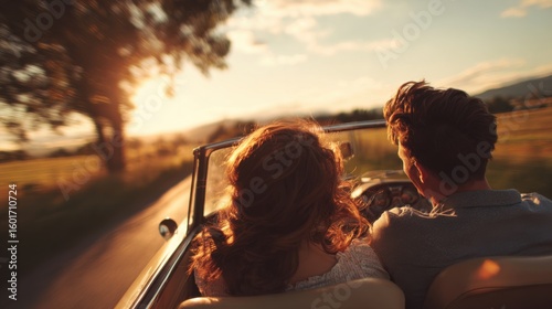 Young couple enjoying a ride in a vintage car during golden hour, countryside in motion