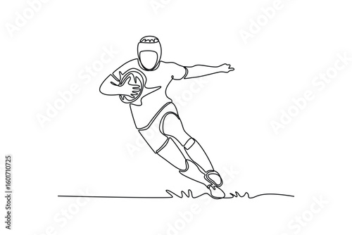 Single one line drawing male rugby player chase the ball running to score goal on field at game. Match practice workout. Sport, fitness, motion. Continuous line draw design graphic vector illustration