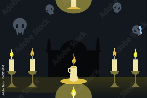 Foggy graveyard with glowing moonlight and shadows vector illustration
