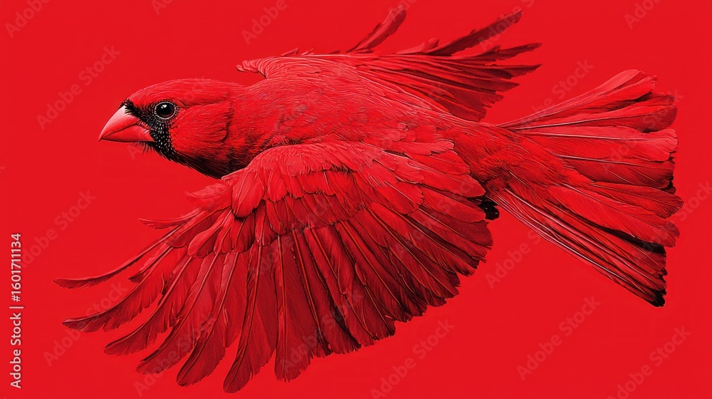 Fototapeta premium Red bird soars against a vibrant red background