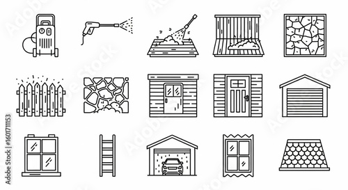 Power Washing Line Icon Set – Vector Pressure Washer, Deck, Patio, Fence, Siding, Roof, Garage, Window, Ladder Thin Linear Illustrations