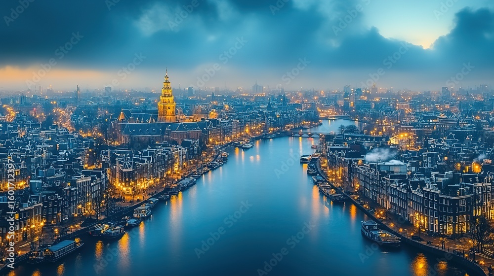 Fototapeta premium A panoramic view of Amsterdam at twilight, highlighting the city's illuminated canals and buildings.