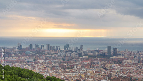 Photography Panorama of Barcelona timelapse, Spain, viewed from the Bunkers of Carmel