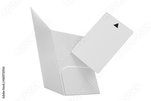 3D Realistic plastic hotel apartment keycard with magnetic strip and booklet holder, open leaflet mockup isolated on background. Blank template for branding hotel key card, credit card, guest room