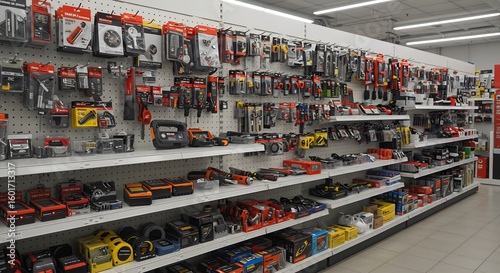 Brightly lit hardware store aisle displays neatly organized tools and equipment. AI Generated