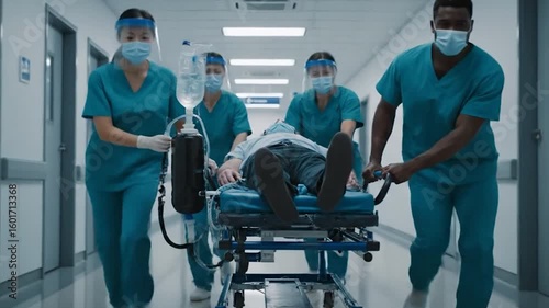 Emergency department doctors, nurses and surgeons moving seriously injured patient lying on a stretcher through hospital corridors. Medical staff in hurry move patient into operating theater concept.