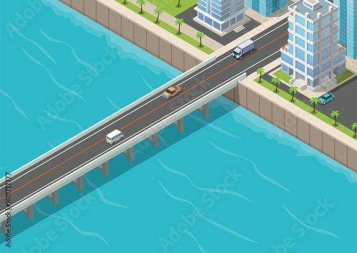 Isometric bridge over the sea to a city