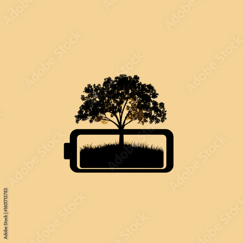 Vector icon of a tree growing inside a battery shape, symbolizing natural energy or sustainable power.
