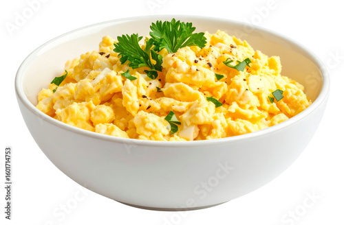 a white bowl of scrambled egg isolated on white background