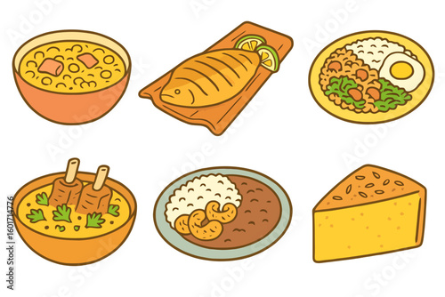 Brazilian food cartoon icons: mugunzá, peixe na telha, arroz tropeiro, canjiquinha, tutu de feijão and bolo de fubá. Pastel cartoon style, no text, transparent background.