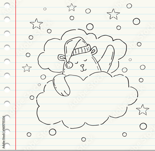 Hand-drawn sketch of a cute  bear sleeping  on cloud. vector illustration on white paper background