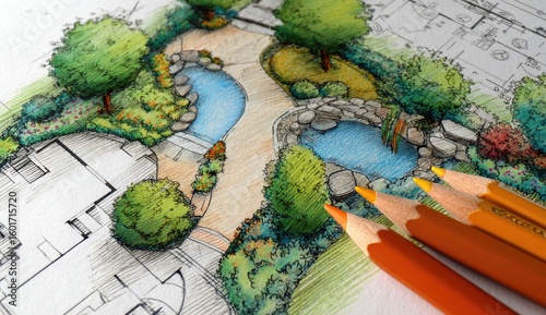Detailed landscape design sketch with colored pencils, showcasing a backyard with ponds, pathways, and lush greenery overlaid on architectural blueprints