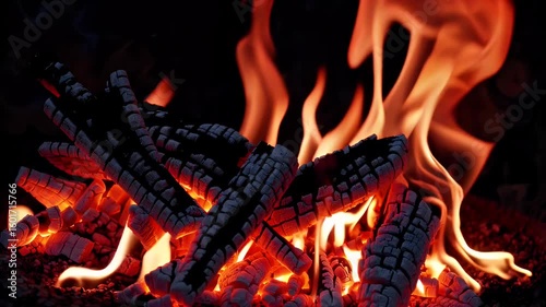 Close focus embers glow beneath charred logs while tongues flame writhe coal black backdrop leaving generous negative space text new descriptor touts K realism mood setting warmth adaptability grill
