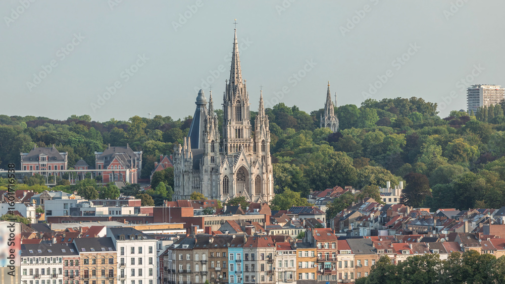Obraz premium Aerial view of Notre Dame de Laeken church spires timelapse in Brussels, Belgium.
