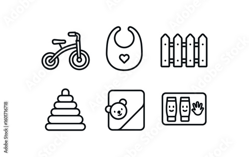 straight perfect stroke icon mono icons style isolated toddler tricycle wheel toddler bib toddler playpen fence toddler stacker toy toddler plush blanket toddler finr paint