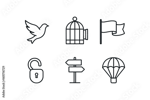 straight perfect stroke icon mono icons style isolated freedom bird freedom open ca door freedom flowing flag banner freedom unlocked shackle cuff freedom open road freedom skydiving