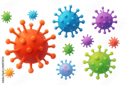 Fototapeta Naklejka Na Ścianę i Meble -  Colorful virus particles floating in digital space, showcasing microscopic structure with detailed 3d rendering against transparent backdrop