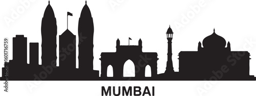 Mumbai skyline silhouette vector in black with Gateway of India and high-rise buildings