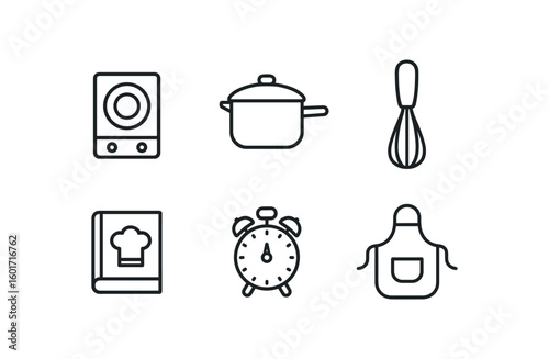 straight perfect stroke icon mono icons style isolated cooking stove burner cooking saucepan lid cooking whisk tool cooking recipe book cooking timer cooking apron pocket