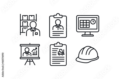straight perfect stroke icon mono icons style isolated dashboard clipboard scheduling software KPI board forklift assignment sheet safety helmet