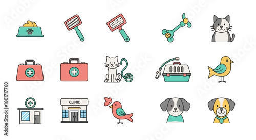 Vector Pet Care Icons Set for Veterinary Services. Features Animal Characters, Medical Supplies, Grooming Tools, Pet Food, Clinic Building Illustrations.