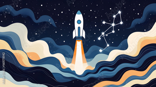 Vintage Sci-Fi Rocket Launching Over Pixelated Mountains at Night, rocket in the night
