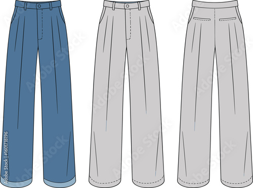 Cad drawing flat vector illustration of fashion pants, front and back view, detailed stitching, garment design, apparel template, trousers layout