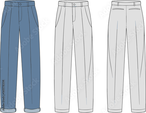 CAD drawing flat vector illustration of men's pants front and back views for fashion design, apparel templates and garment production