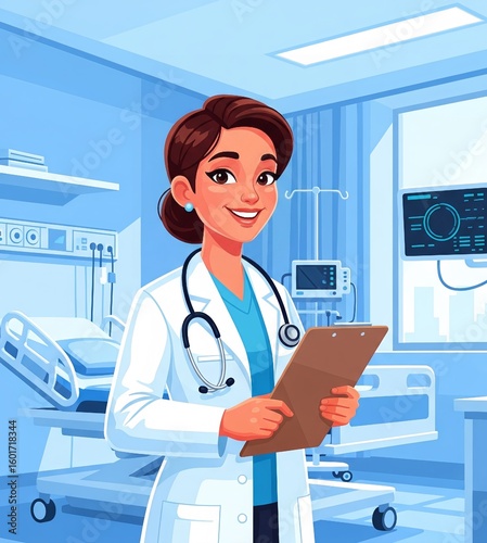 Vector Illustration of Smiling Female Doctor in Hospital Room Holding Clipboard 