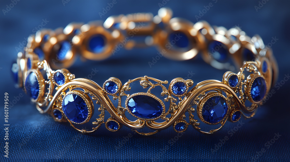 Obraz premium Elegant gold bracelet adorned with blue sapphire stones, showcasing intricate design on dark blue fabric background