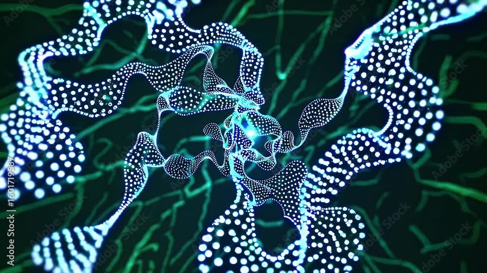 Enter shimmering nano world where luminescent jade particles oscillate along invisible sine waves forming intricate dot lattices endless K loop an essential sci fi texture biotechnology explainers