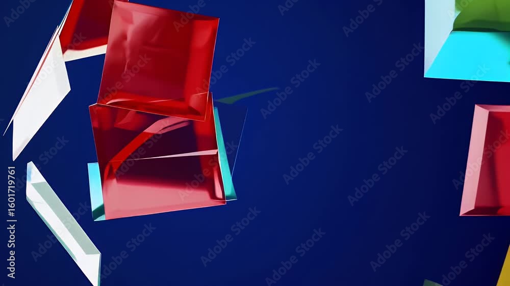 Floating translucent squares candy hues drift deep navy forming lively abstract composition crystal K ideal tech intros kids’ educational media creative agency showreels desiring dynamic colour