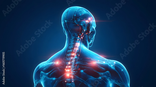 Digital illustration of human body highlighting nervous system and spine with glowing effects
