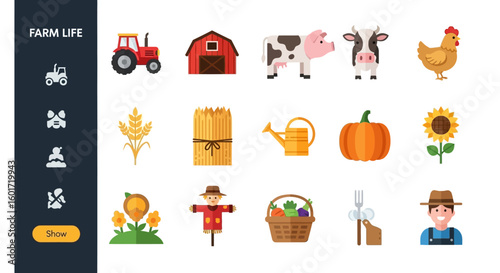 Farm Life Icon Set Agriculture, Farming, Rural, Countryside, Harvest Illustrations