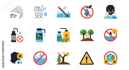 Set of flat vector icons depicting environmental issues like pollution, climate change, and ecological conservation symbols.