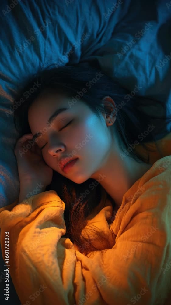 Woman lying down with eyes closed, peaceful expression, soft lighting casting gentle glow on her face and clothing. Woman lying down with eyes closed, peaceful expression, soft lighting casting gentle glow on her face and clothing.
