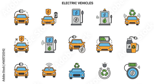 Electric vehicle line icon collection. EV charging station, sustainable transport, and green energy technology vector illustration set.