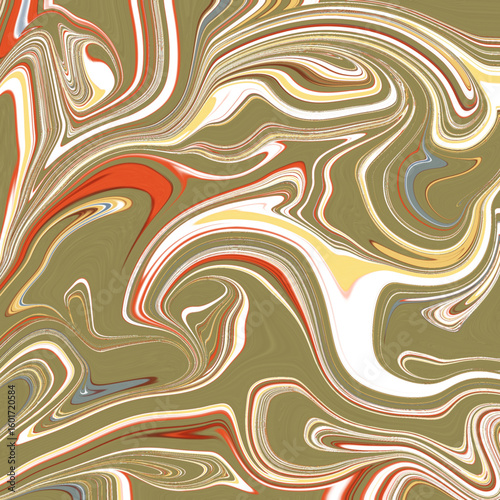 Olive-toned abstract swirl with rich earthy, organic patterns. Features bold white, red, and mustard streaks. Ideal as a background or texture design element.
